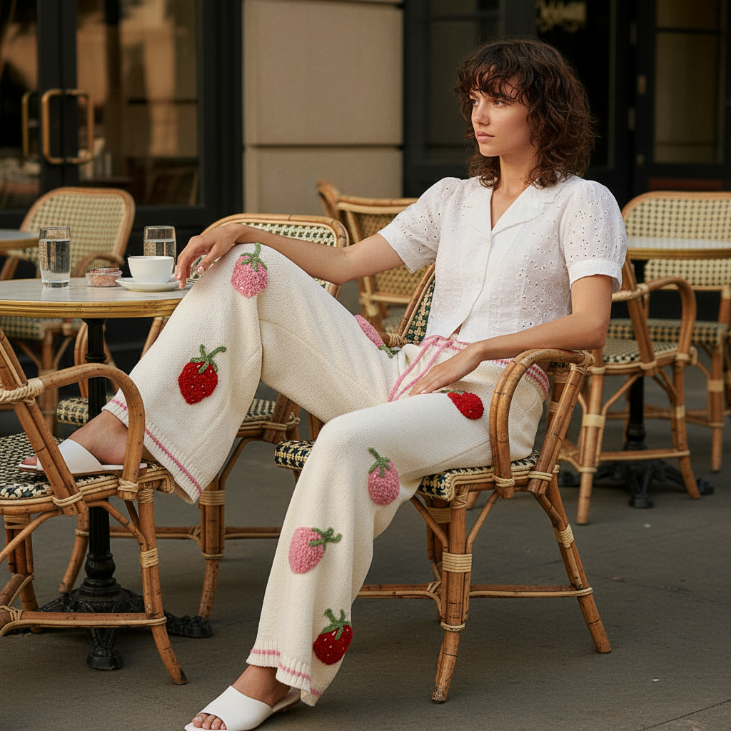 POL Clothing cream chenille strawberry patch pants seated brunch cafe, wide-leg silhouette
