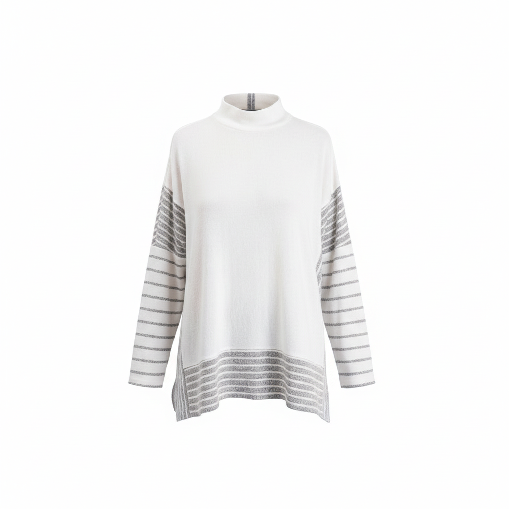 Women's white striped knit pullover sweater ghost mannequin front view ribbed hem cozy oversized fit - BellanBlue
