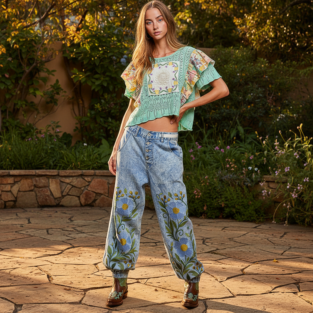 POL women's blue denim floral embroidered jogger pants with mineral wash and elasticized cuffs, garden patio - BellanBlue