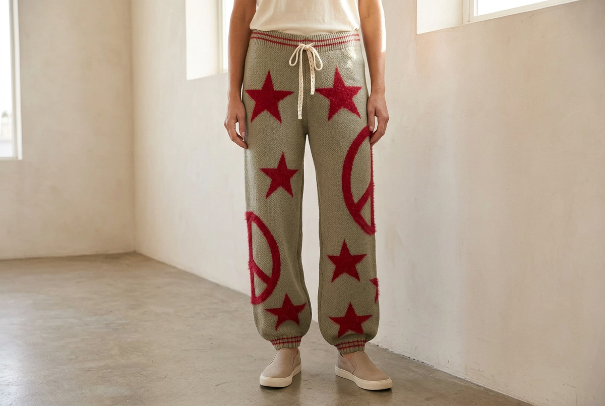 Front view of olive knit joggers showing loose legs, red motifs, and gathered cuffs beside a sunlit wall.