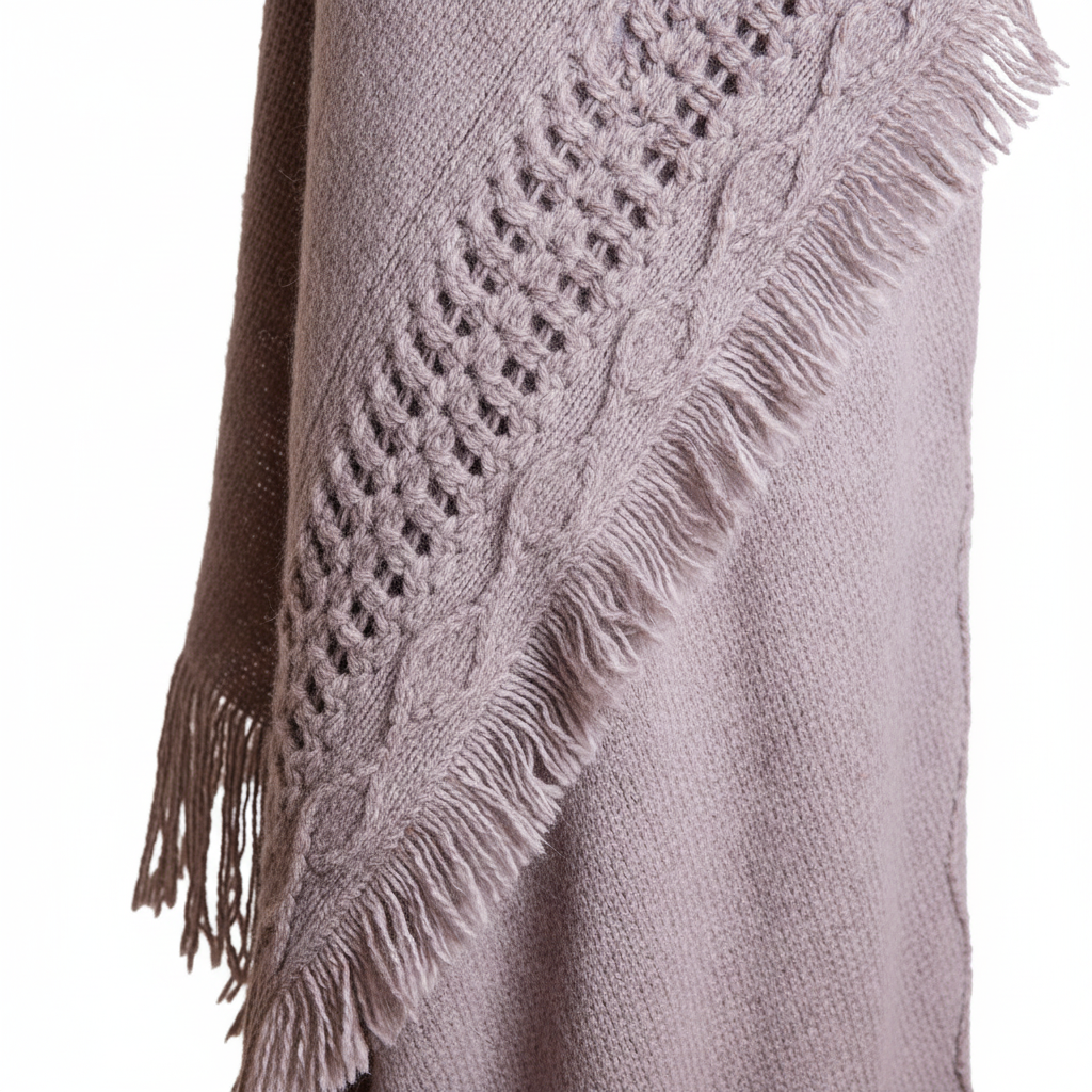 Women's gray ruana wrap close-up, ladder-stitch knit panel and frayed fringe trim texture detail