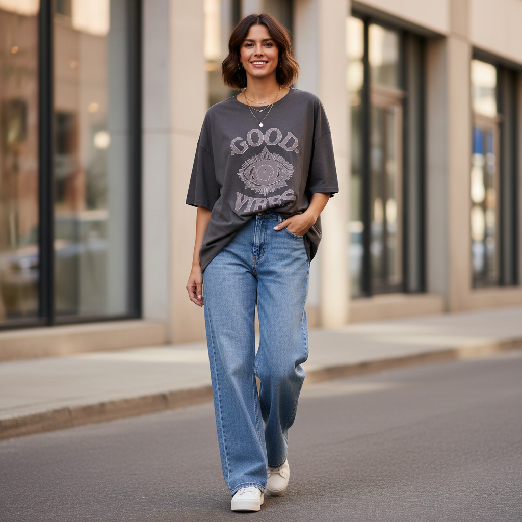 Charcoal women’s oversized Good Vibes graphic tee styled with high-waisted wide-leg denim jeans