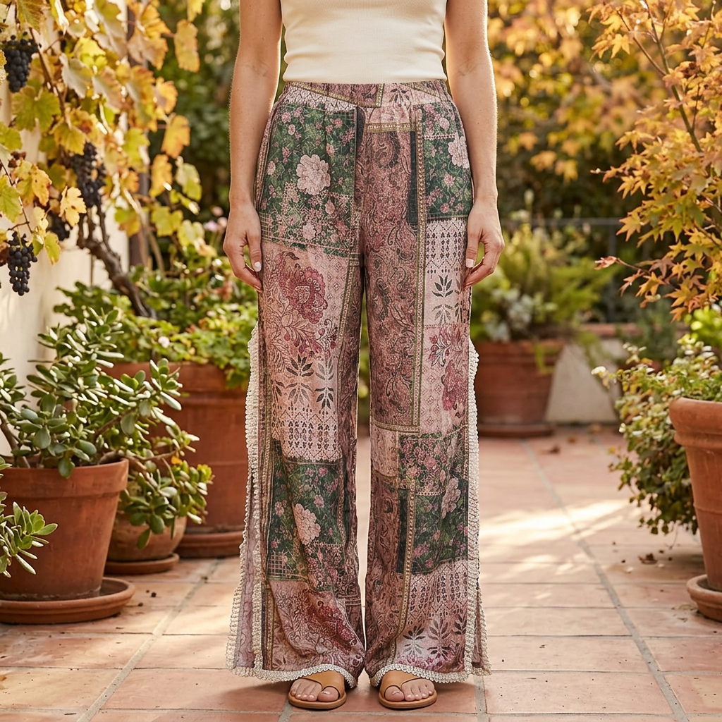 POL Clothing women's Rose Multi patchwork wide-leg pants on a garden patio - BellanBlue