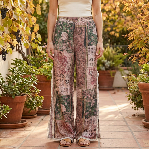POL Clothing women's Rose Multi patchwork wide-leg pants on a garden patio - BellanBlue