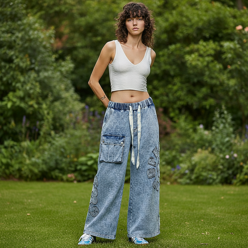 Denim garment styled with model in relaxed outdoor setting - BellanBlue