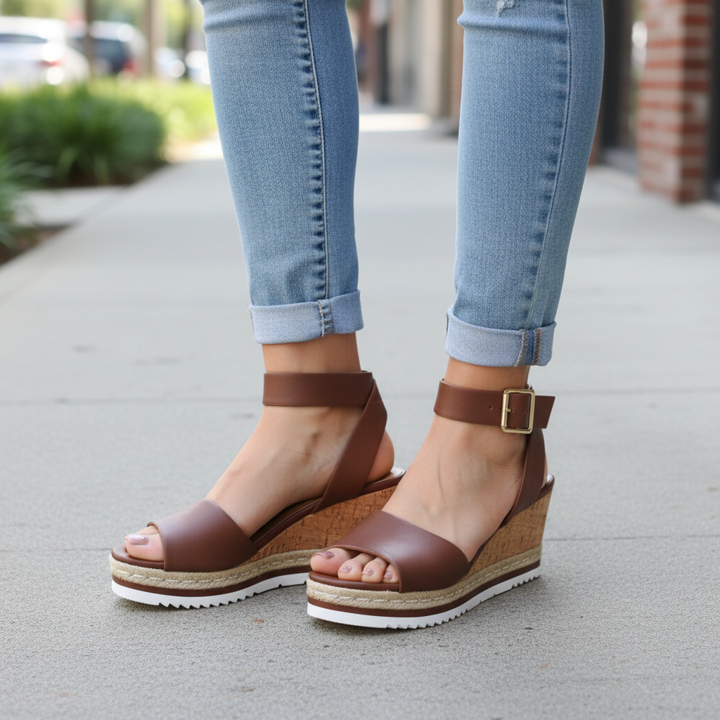 Woman standing in Cityclassified Junior-S brown cork wedge sandals with gold buckle ankle strap on outdoor sidewalk
