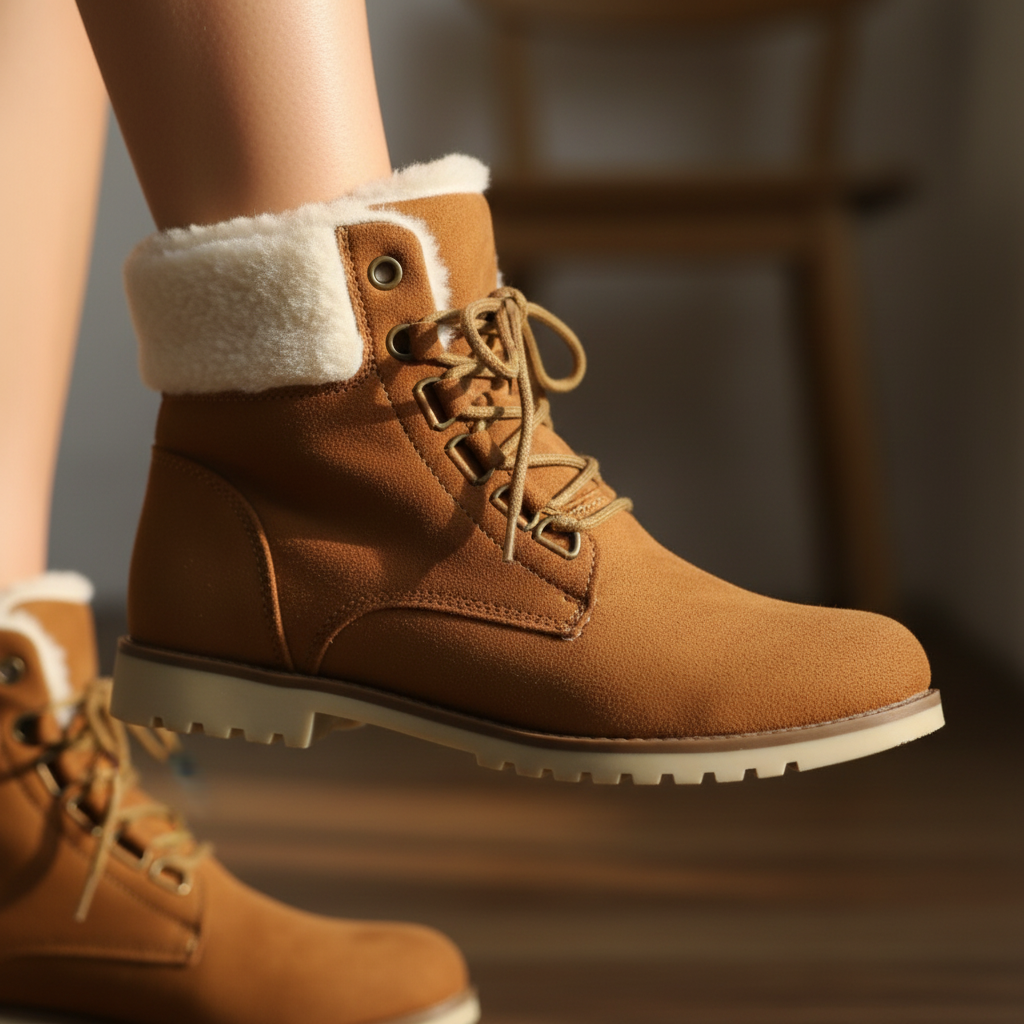 Close-up detail of camel suede ankle boot being worn, highlighting white sherpa fleece lining collar and tan lace-up detail