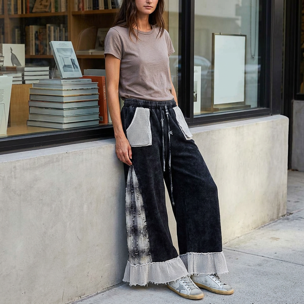 Black wide-leg pants with gray plaid inserts and pale ruffle hems styled with a taupe tee by a bookstore.