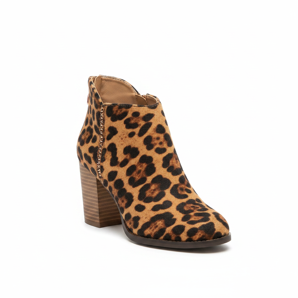 Women's leopard print suede ankle bootie 3/4 front angle V-notch topline stacked block heel round toe - BellanBlue