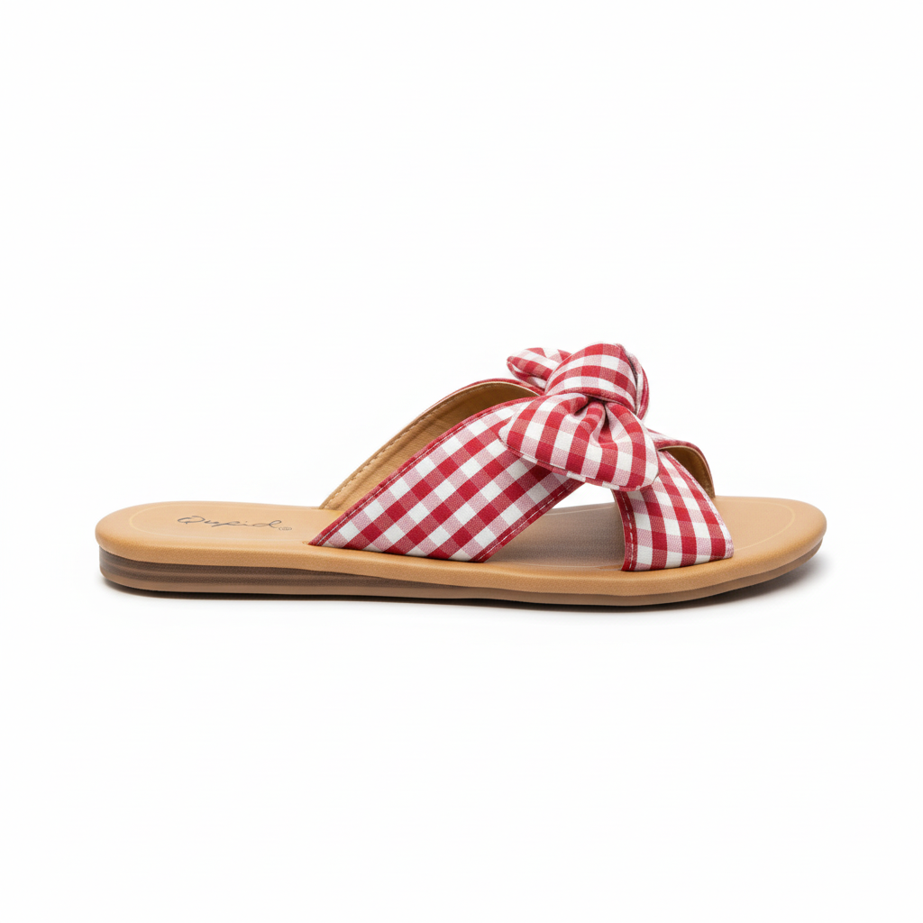 Red and white gingham bow sandals side view on white background