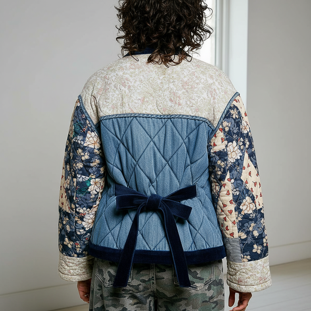 Back detail of quilted denim patchwork cardigan, navy velvet tie and patchwork sleeve, home interior
