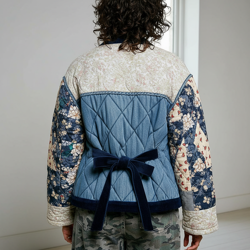 Back detail of quilted denim patchwork cardigan, navy velvet tie and patchwork sleeve, home interior