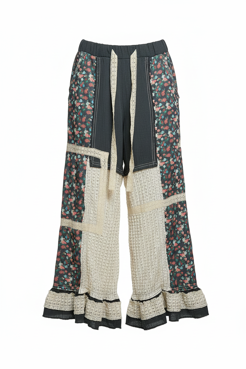 POL Wide Leg Double Gauze Pants with Lace Patch in Natural - side view ghost mannequin