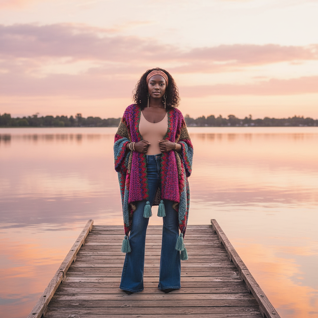 Women's oversized boho kimono wrap cardigan magenta chevron knit with teal tassels golden hour lakeside outfit