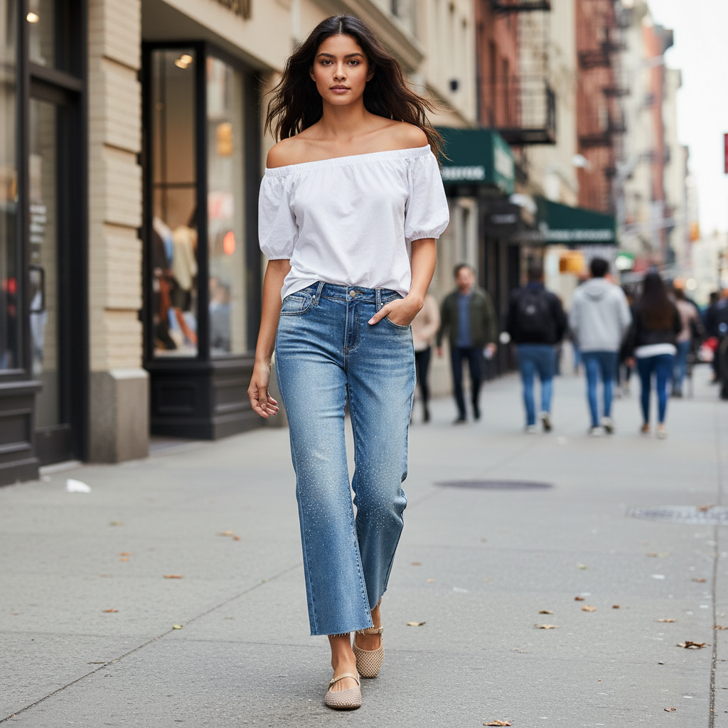 Woman walking on a city street wearing a white off-shoulder top and blue jeans.