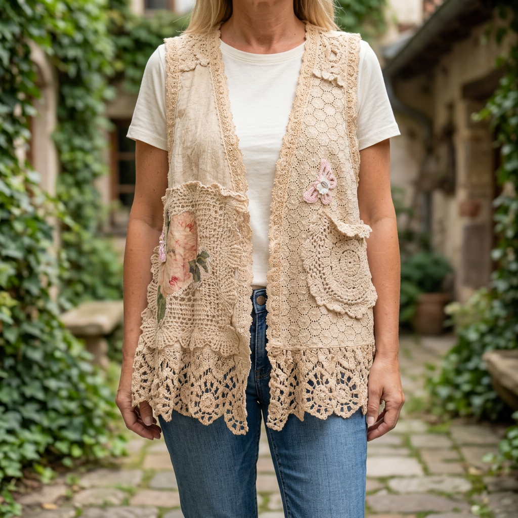 A Rare Bird Shop women's beige vest front with floral patch, crochet pocket and pink butterfly in a courtyard