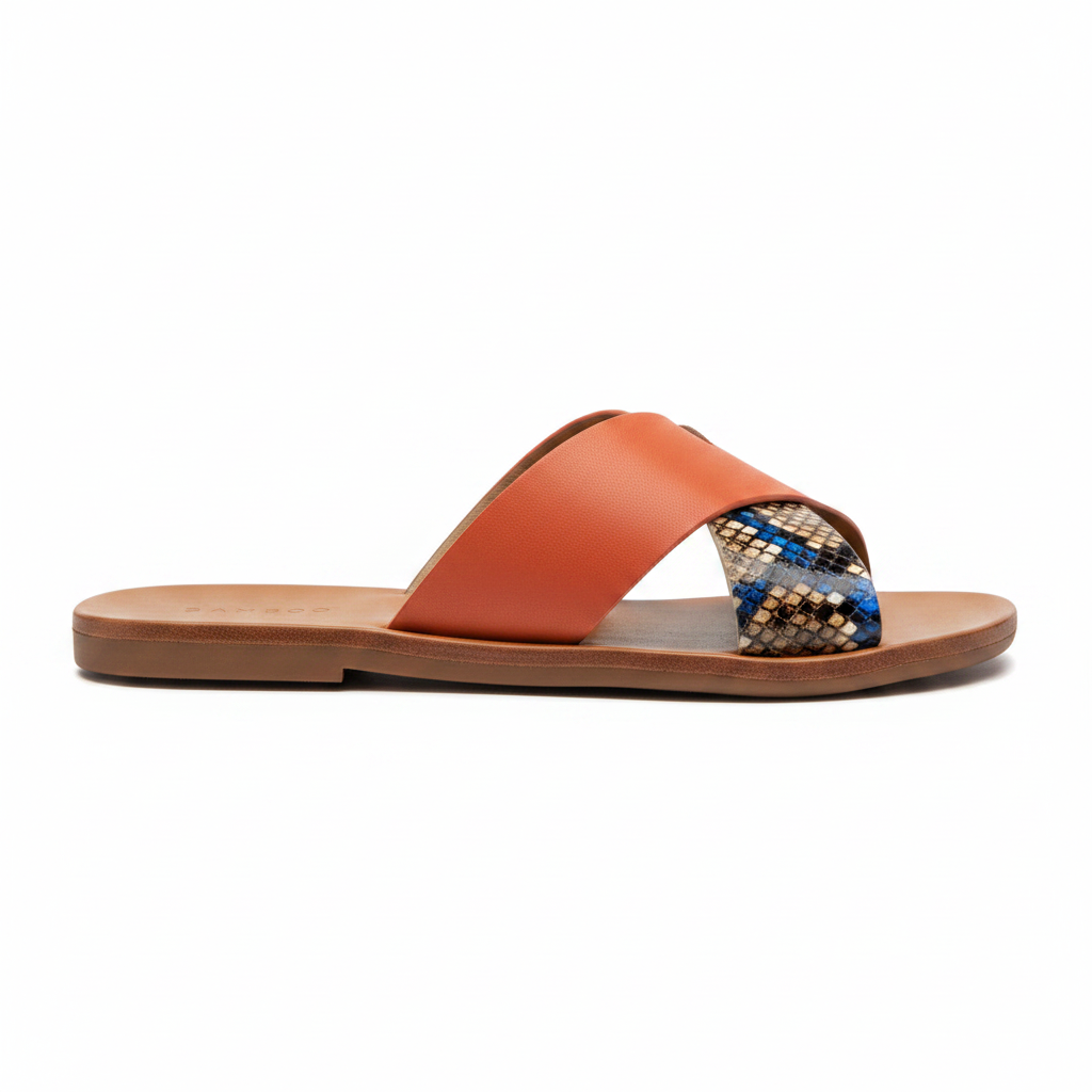 Women's flat slide sandal side profile view - orange cross strap snakeskin contrast sandal with cognac leather footbed - BellanBlue