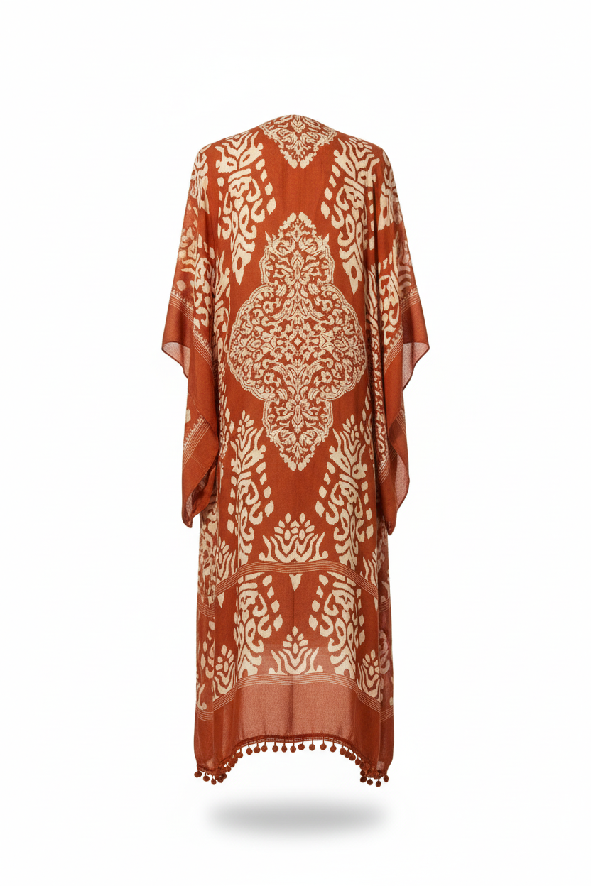 Damask print kimono duster in rust - back view showing medallion pattern and wide sleeves