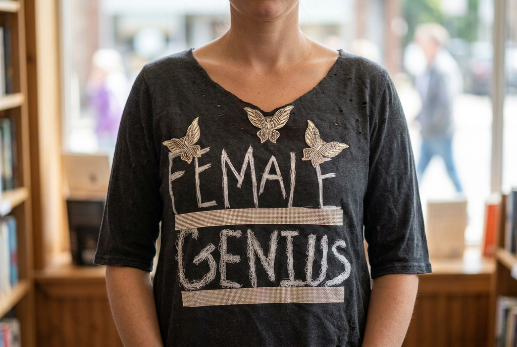 Charcoal tee with three beaded butterflies, white Female Genius lettering, and rhinestone bars beside a bookshop window.