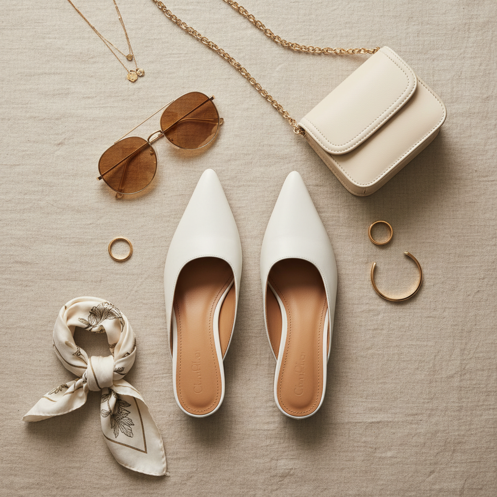 Flat lay of white mule shoes with fashion accessories and handbag