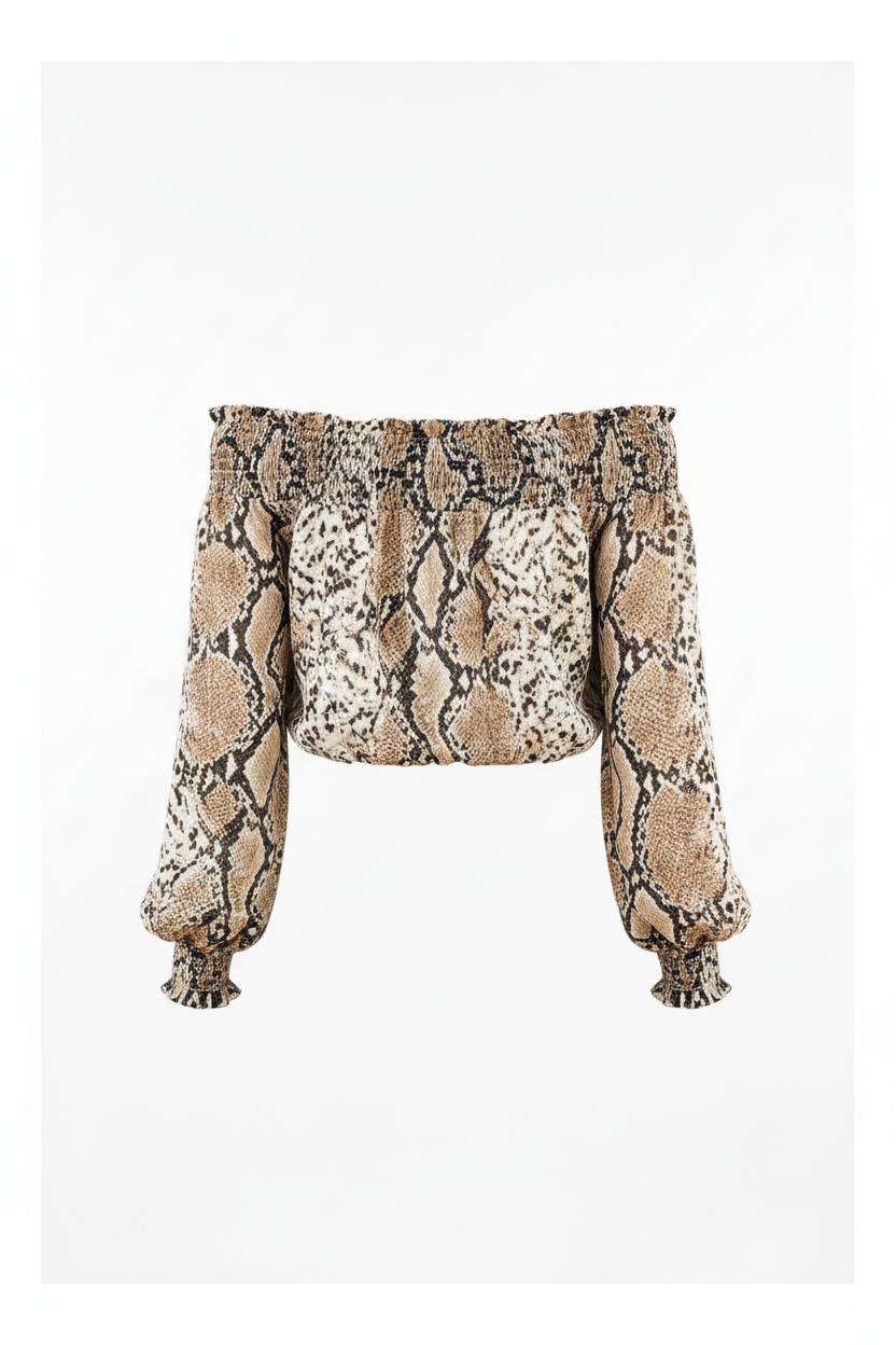 Snake print off-shoulder smocked top back view showing design details