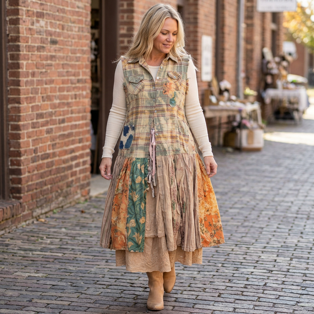 Woman walking beside brick buildings in a plaid and floral patchwork dress over a cream long-sleeve top.