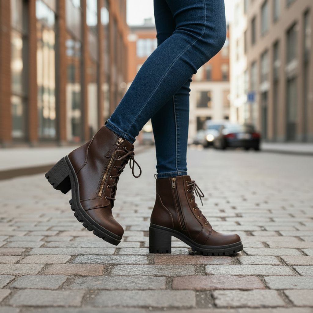 Woman walking in brown lace-up combat boots with block heel on cobblestone street