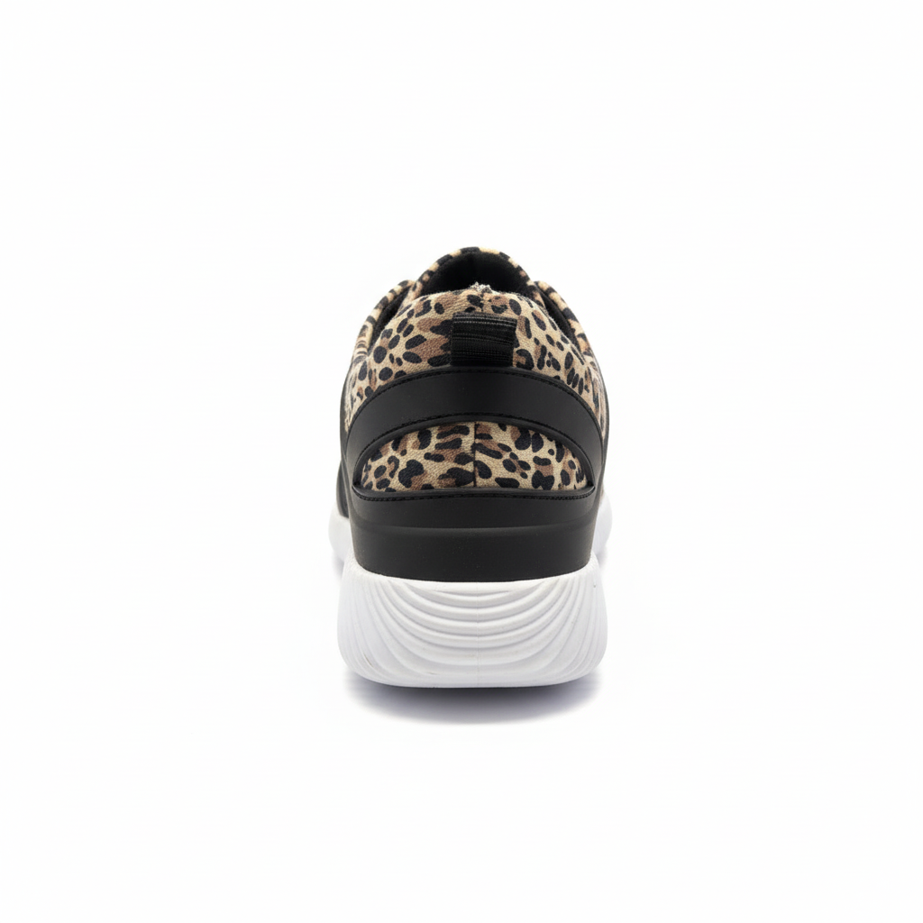 Women's camel leopard sneaker, back heel view showing black pull tab, collar lining, and ribbed white midsole, white background