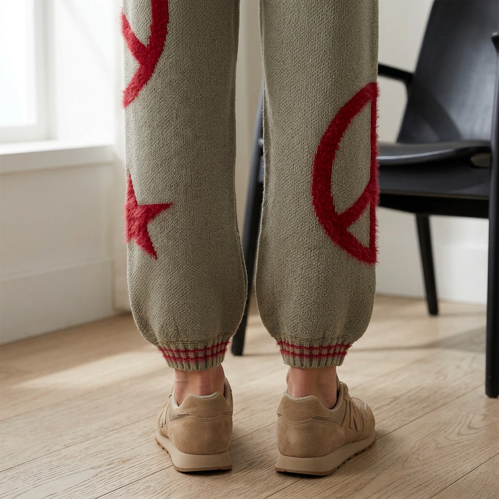 Rear detail of olive knit joggers with a red star, peace sign, and red-striped gathered cuffs.