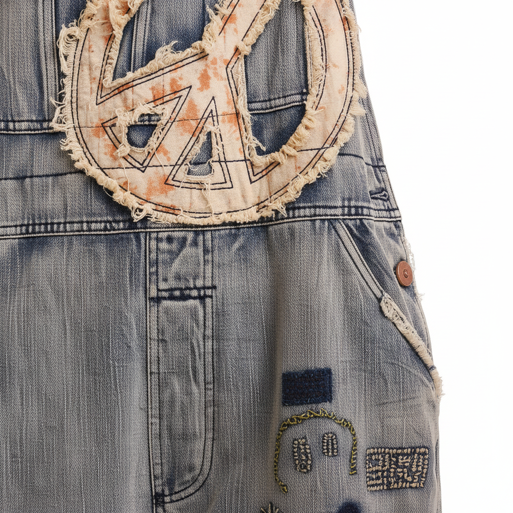 Bluevelvet denim overalls close-up, frayed raffia peace sign appliqué and colorful folk embroidery on denim