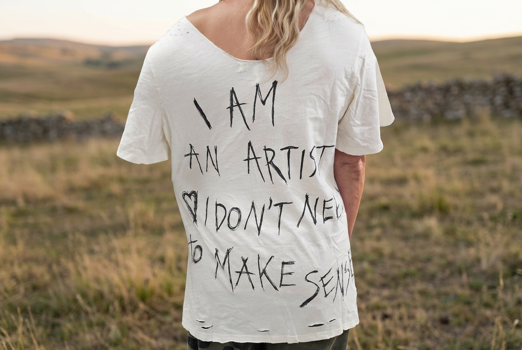 Woman in a golden field wearing an ivory tee with the hand-lettered I am an artist print across the back