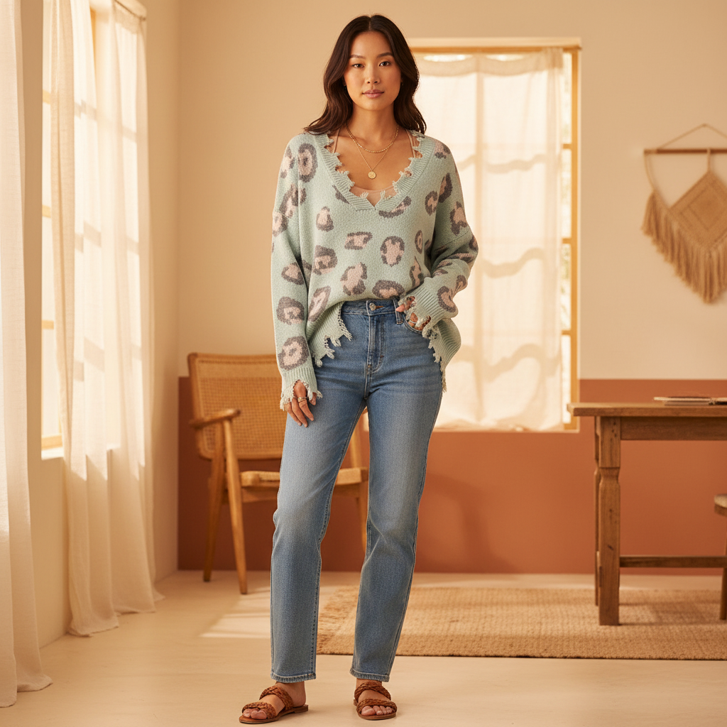 Women's mint green leopard print distressed knit sweater, standing, frayed V-neckline, oversized fit - BellanBlue