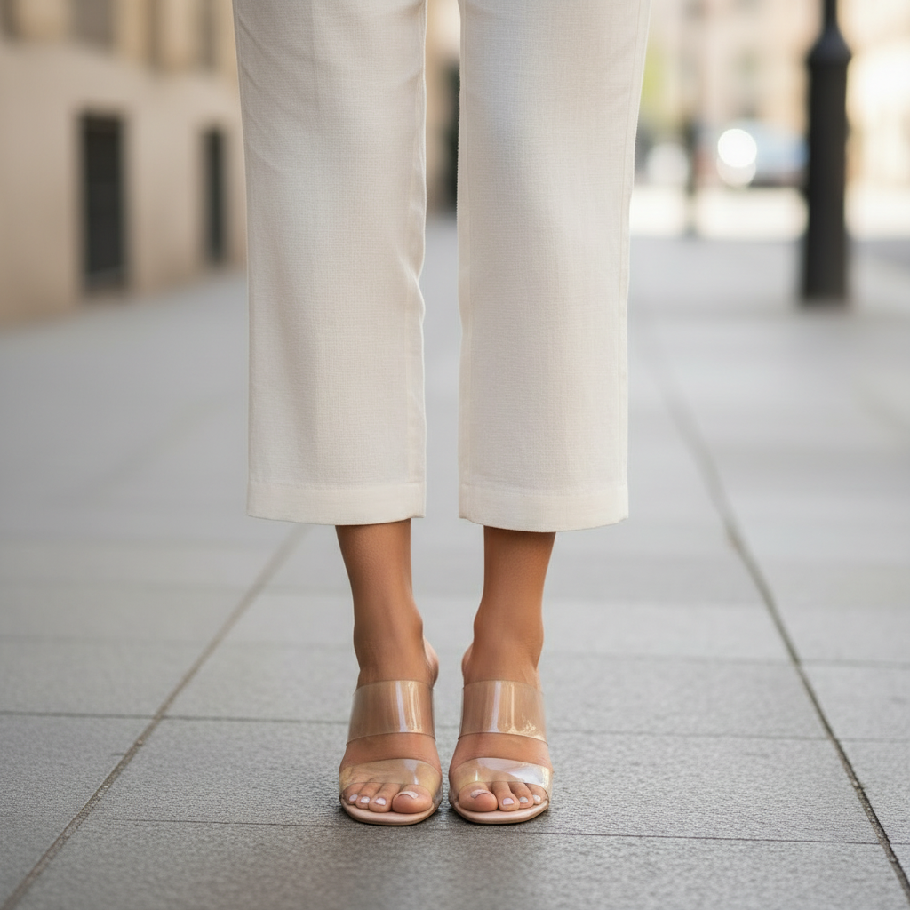 Woman standing wearing Qupid clear PVC nude pointed toe stiletto mule heels with white wide-leg trousers on urban sidewalk