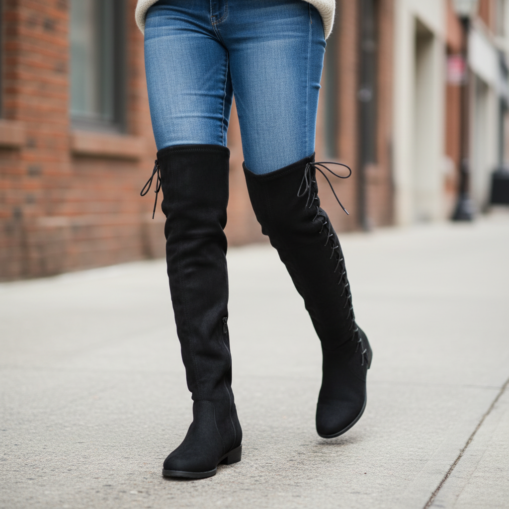 Woman walking in Verona black over-the-knee lace-up boots with skinny jeans, mid-stride urban sidewalk view