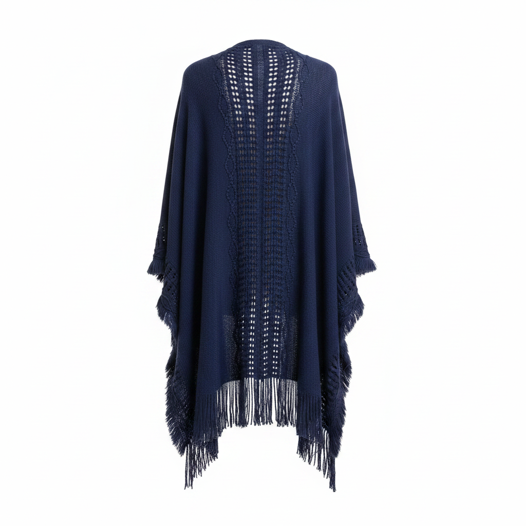 Women's navy fringe ruana wrap, back view, center ladder-stitch open-knit panel, full-length drape