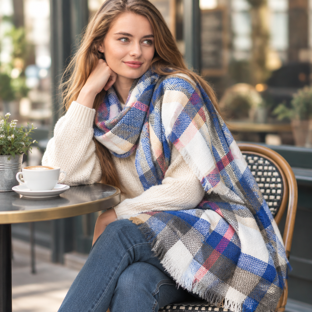 Leto Collection women's white blue pink plaid blanket scarf styled for a brunch cafe seating
