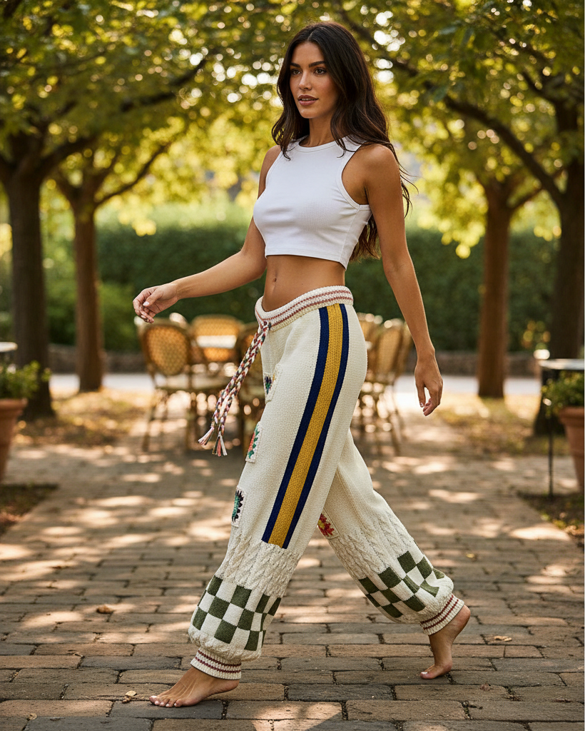 POL Clothing cream wide-leg knit pants with granny square crochet patches on model, full-length front view, garden setting
