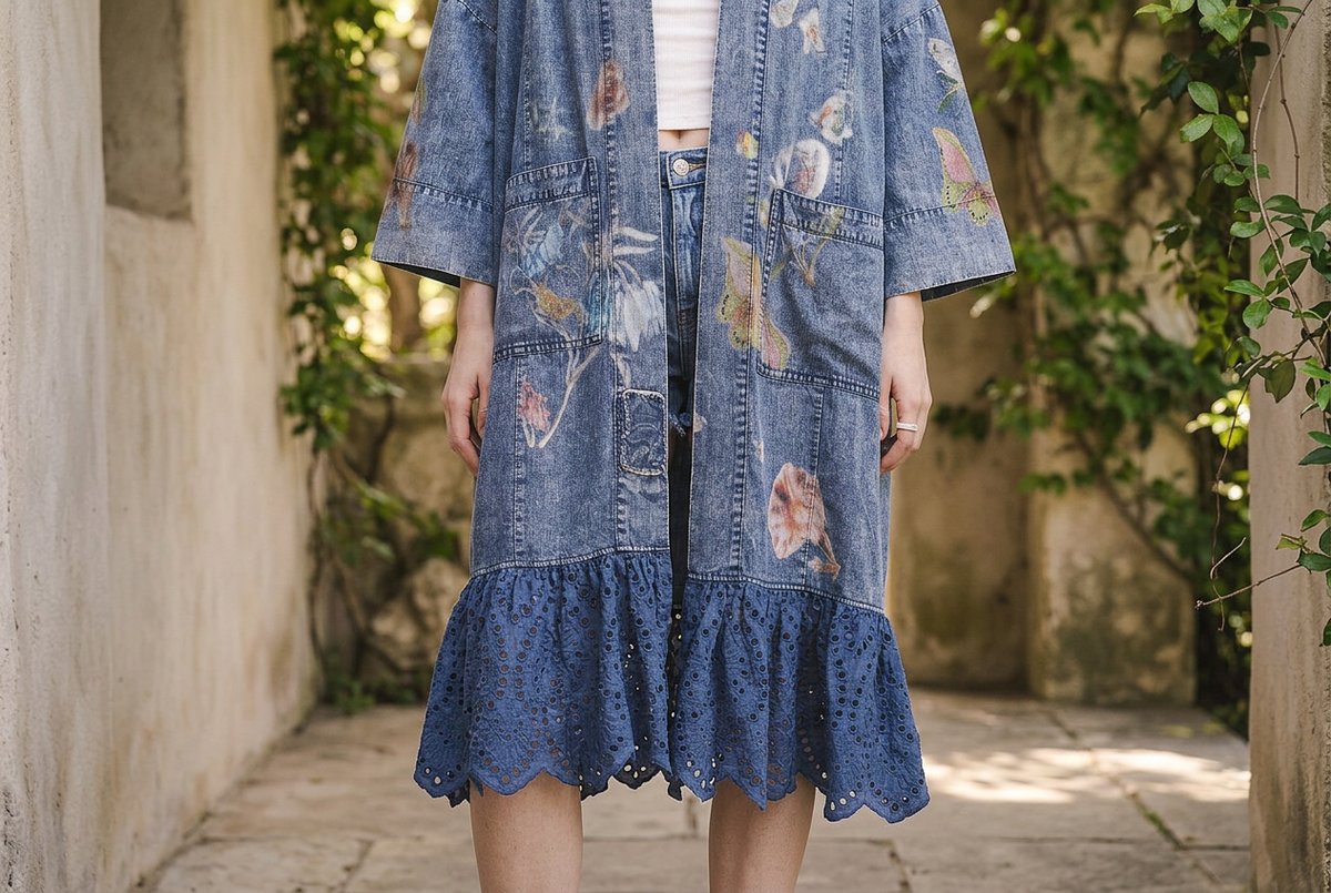 Blue Velvet blue floral kimono detail showing patch pockets and scalloped navy eyelet ruffle hem