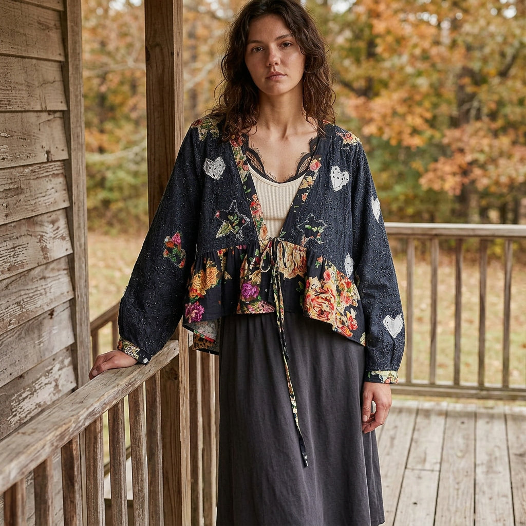 Black floral ruffle cardigan with balloon sleeves, worn with a cream top and charcoal skirt on a wooden porch.
