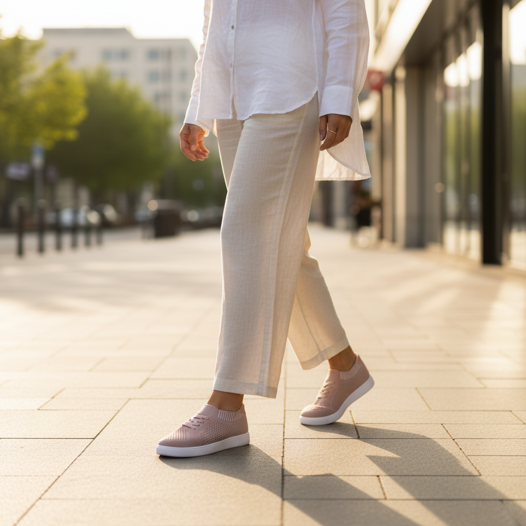 Women's mauve flyknit lace-up sneakers with white soles styled with cream wide-leg trousers on a bright city sidewalk