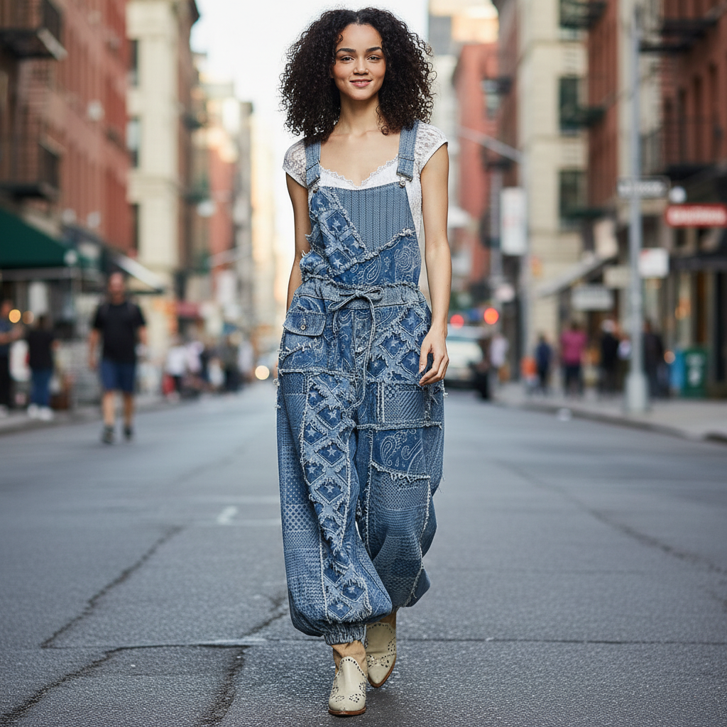 Denim wide leg pants styled with model walking on city street - BellanBlue