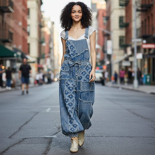 Denim wide leg pants styled with model walking on city street - BellanBlue
