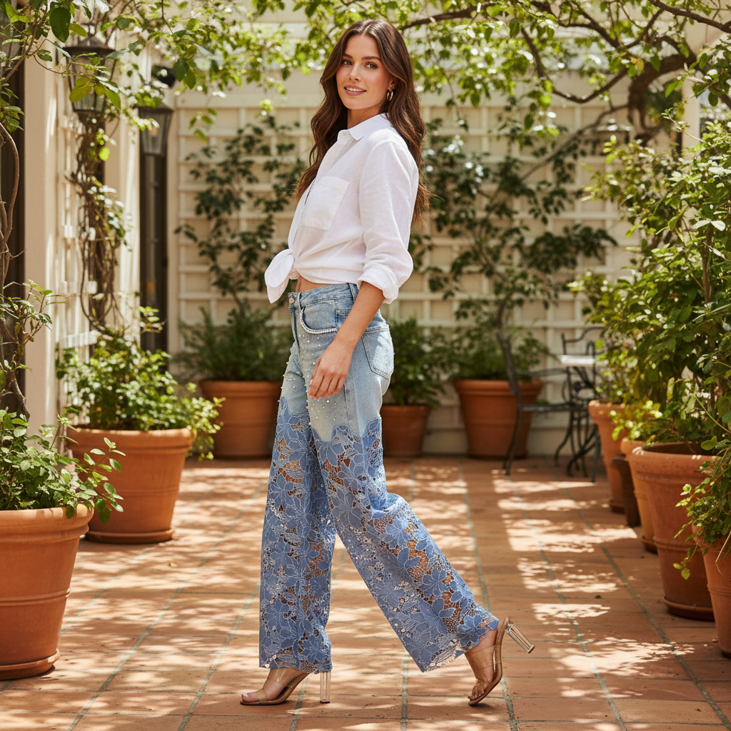 Women's denim faux pearl high waist lace-spliced jeans walking outdoor brunch patio