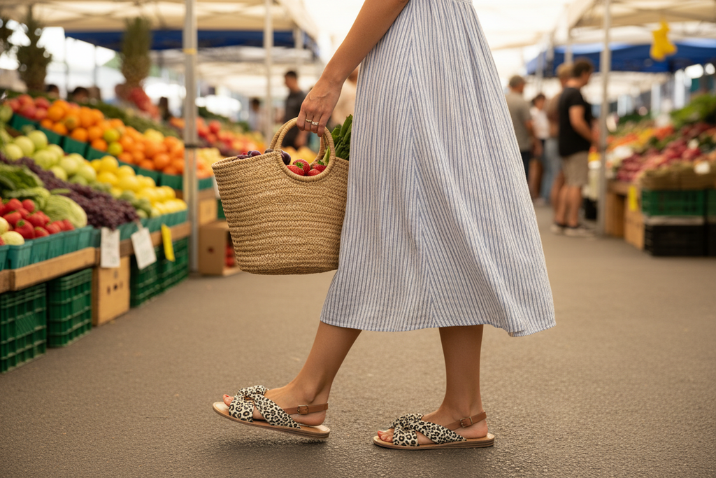 Woman wearing white leopard print slide sandals shopping at outdoor farmers market in casual summer dress