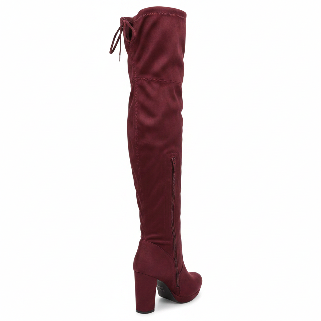 Back view of women's wine burgundy stretch faux suede OTK boot showing inner side zip and chunky block heel white background