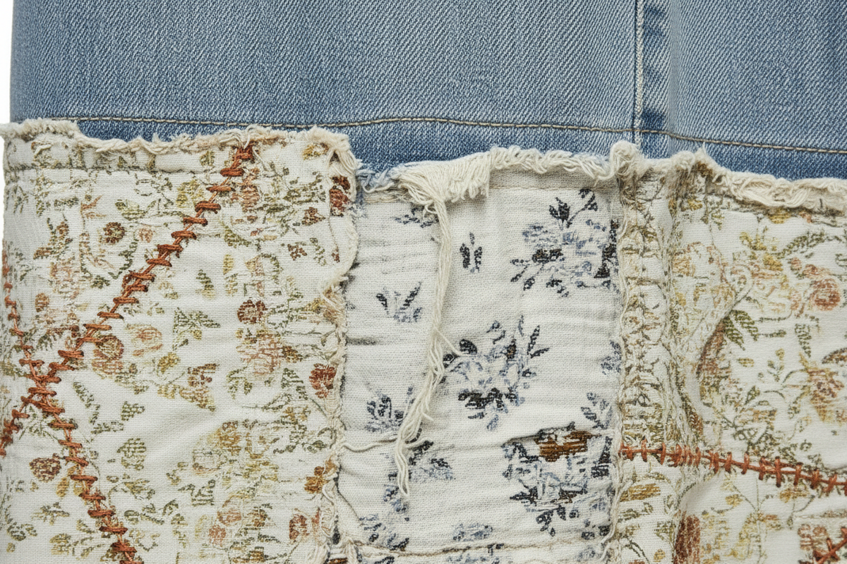 POL Clothing Denim Patchwork Pants macro detail of cream floral tapestry panel seam meeting light-wash denim with raw frayed edges