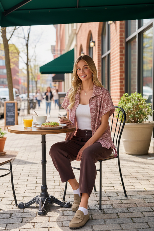 Woman wearing Vintage Mocha Washed Terry Cargo Pants with fitted bodysuit - Brunch outfit styling - BiBi