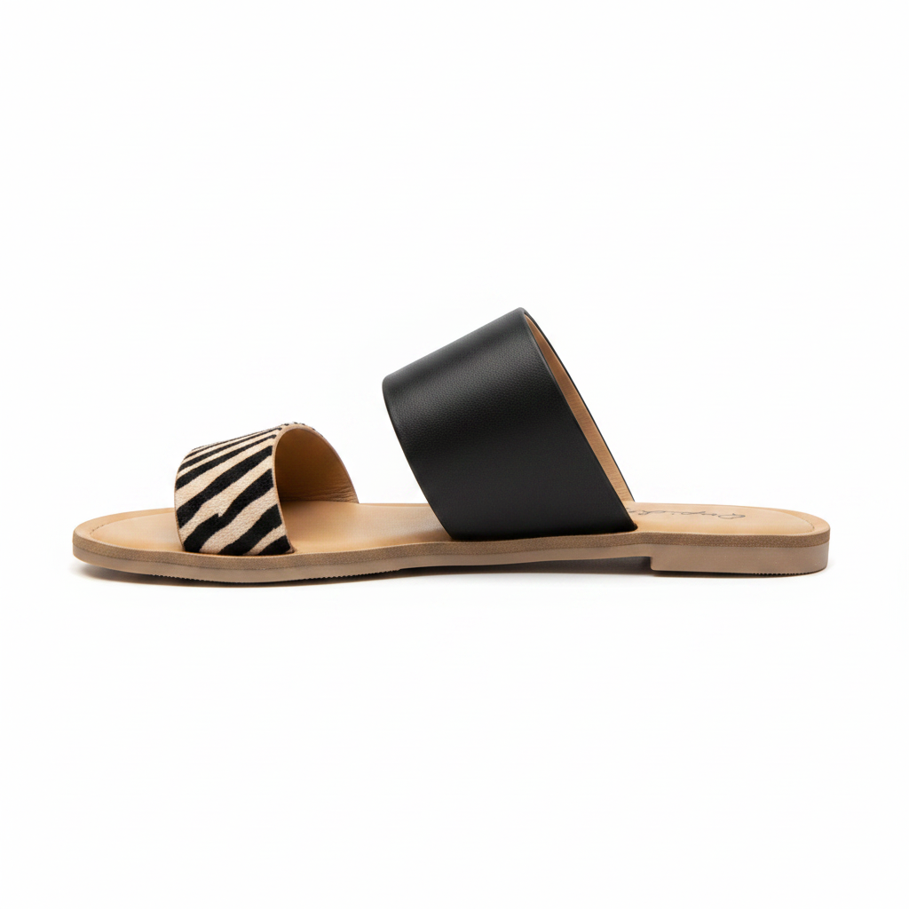 Women's zebra print double strap slide sandal side profile showing black upper strap and flat sole silhouette