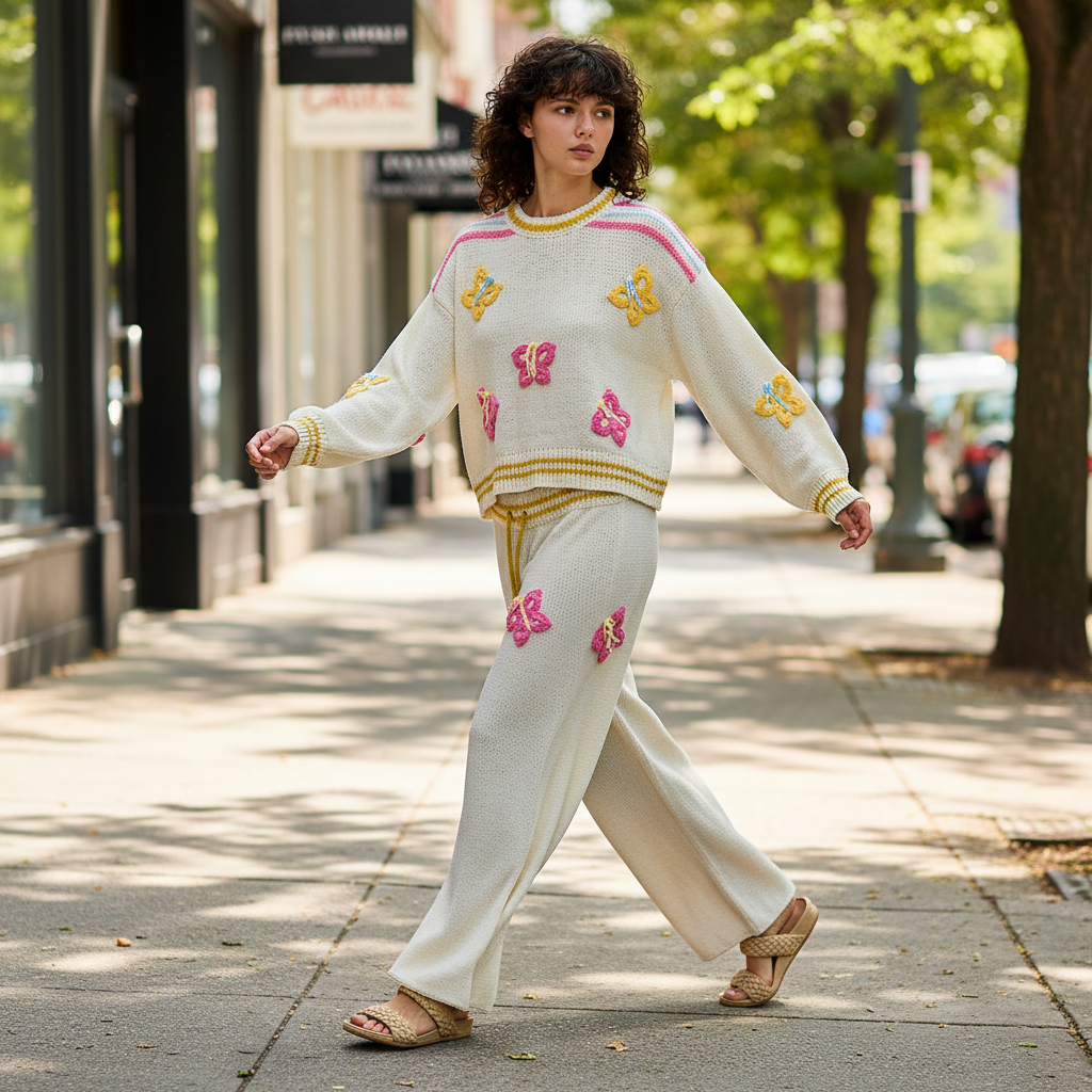 POL Clothing women's cream 3D butterfly knit sweater, balloon sleeves, street style walk, mustard stripe trim