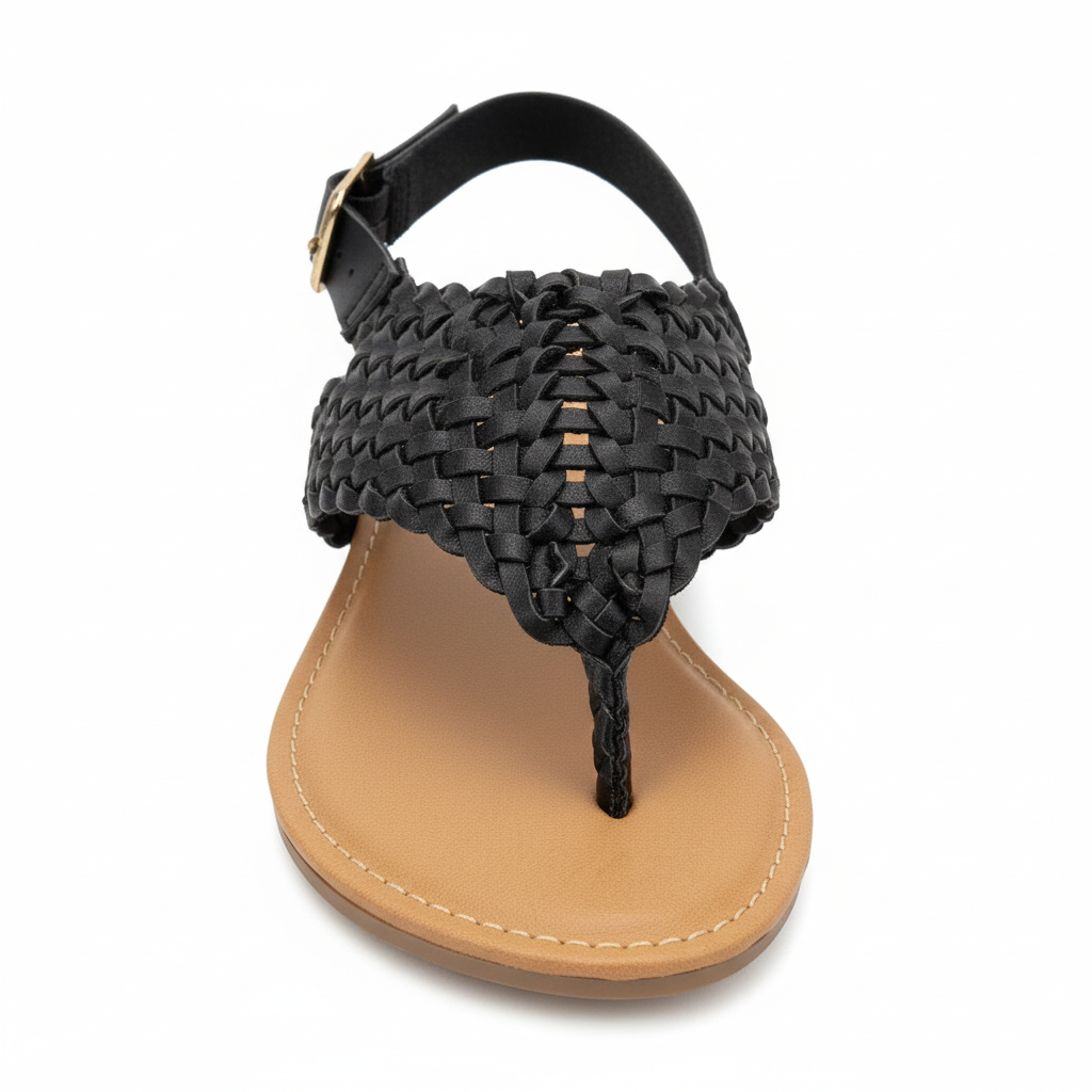 Women's black woven basket-weave braided flat thong sandal with gold buckle slingback front view white background - BellanBlue